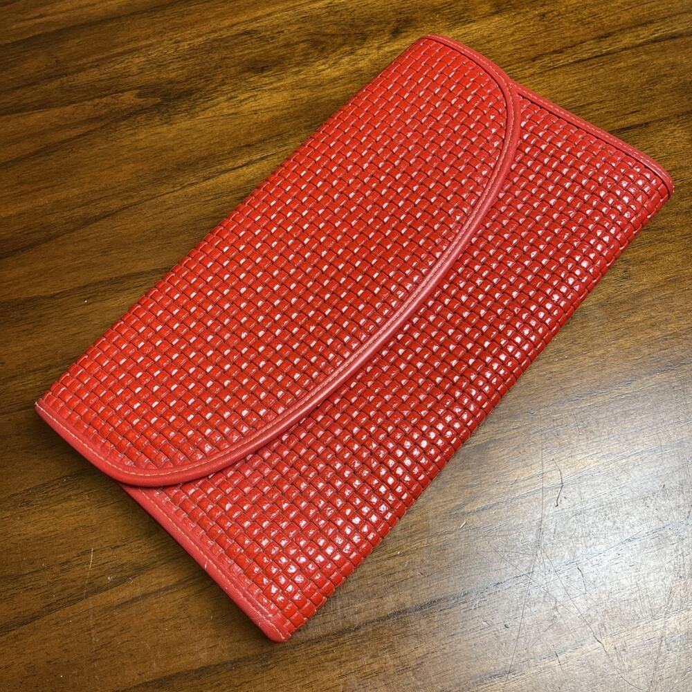 Red Genuine Leather Clutch By Amelia Berko - No Strap - Embossed Weave Pattern